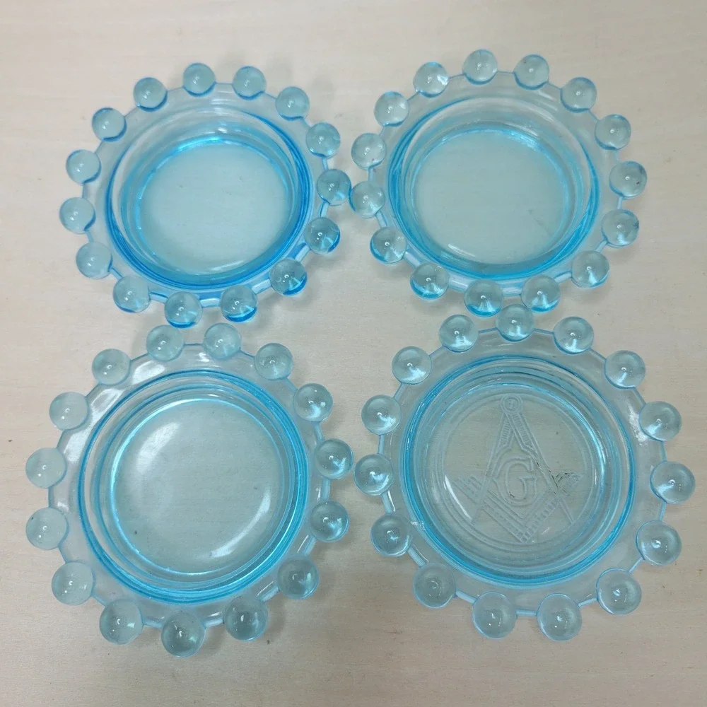 4 Vintage‎ Blue Glass Coasters Bobble Border 1 has Masonic Etched Symbol